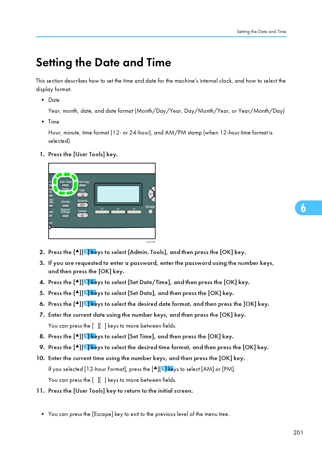 Ricoh SP C240SF, C242SF operating instructions Setting the Date and Time, Press the User Tools key 