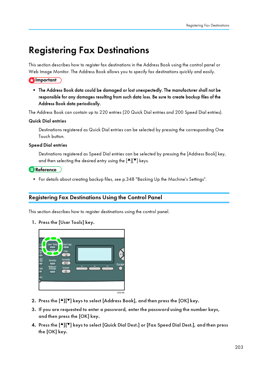 Ricoh SP C240SF, C242SF operating instructions Registering Fax Destinations Using the Control Panel 