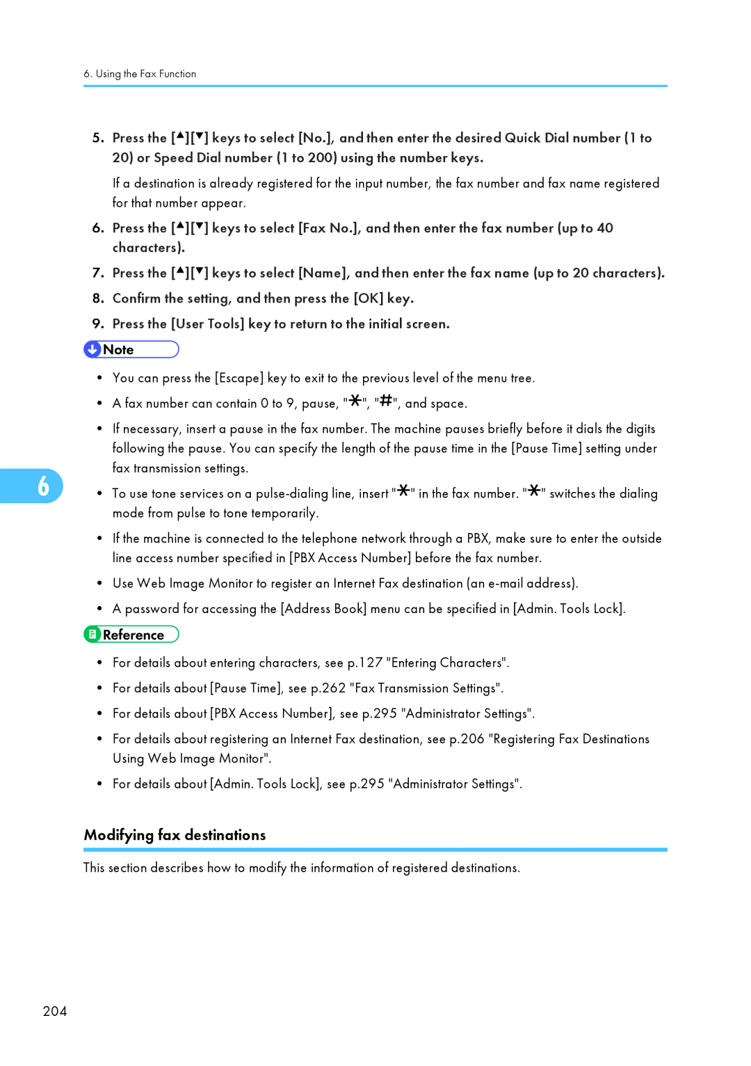 Ricoh C242SF, SP C240SF operating instructions Modifying fax destinations, Mode from pulse to tone temporarily 