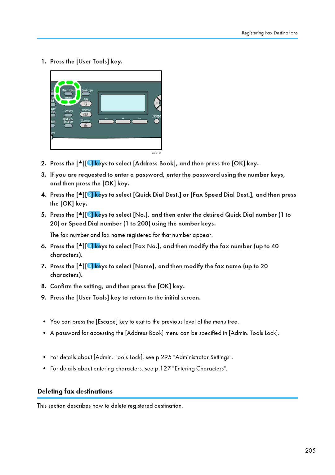 Ricoh SP C240SF, C242SF operating instructions Deleting fax destinations 