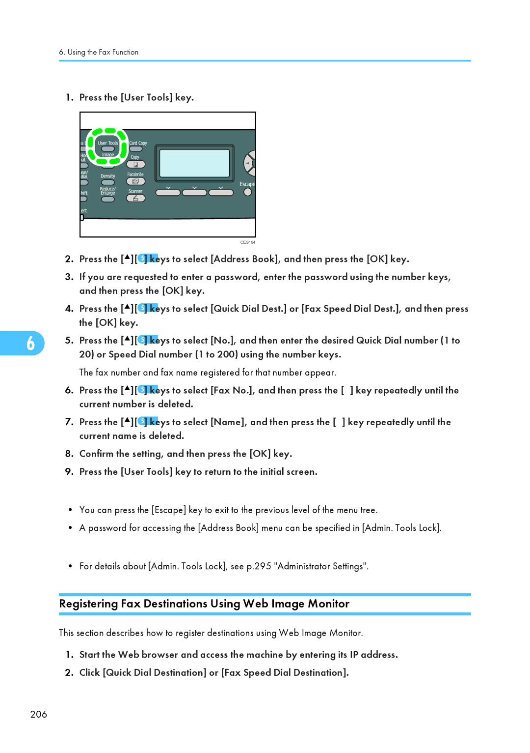 Ricoh C242SF Registering Fax Destinations Using Web Image Monitor, Current number is deleted, Current name is deleted 