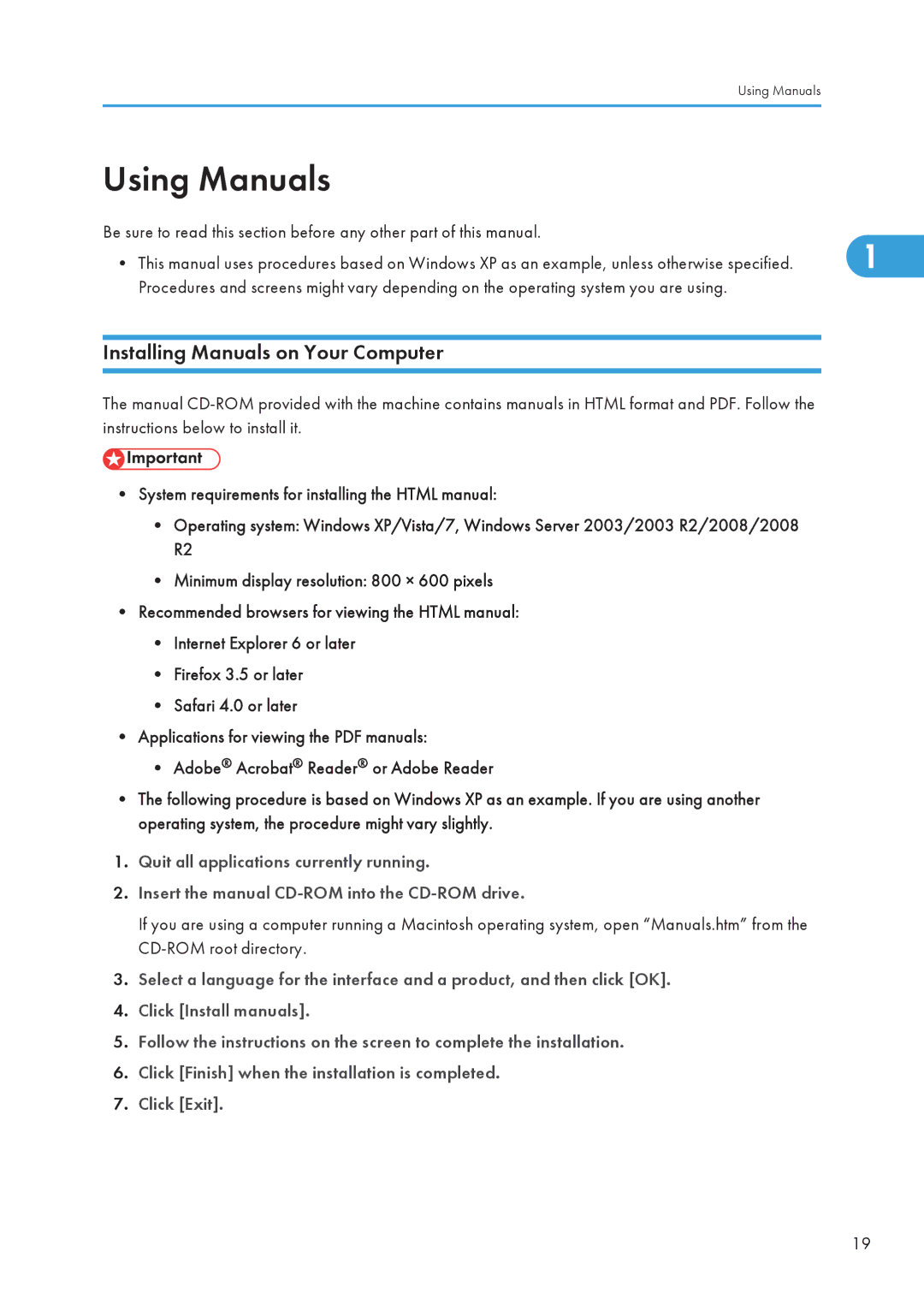 Ricoh SP C240SF, C242SF operating instructions Using Manuals, Installing Manuals on Your Computer 