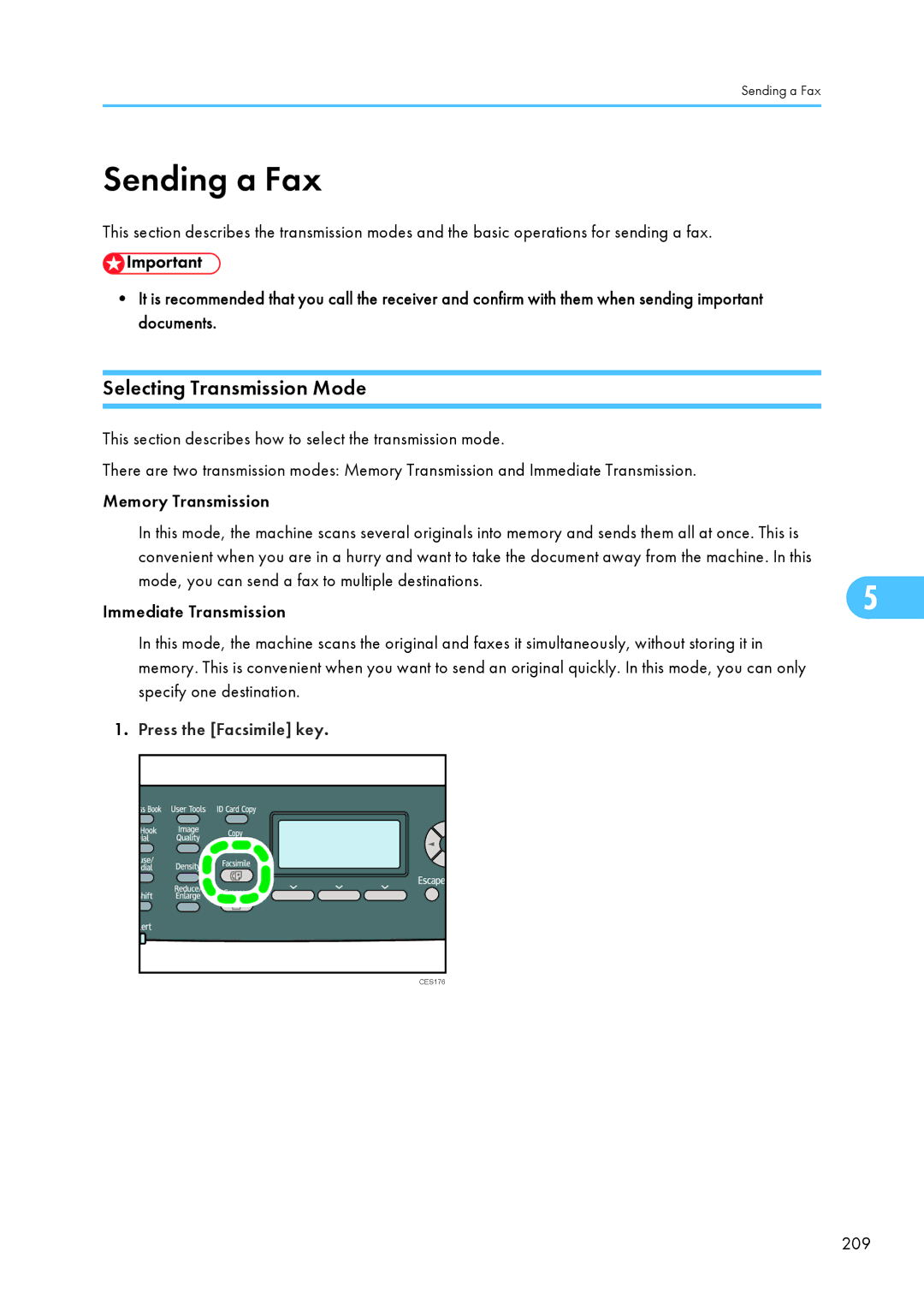 Ricoh SP C240SF, C242SF operating instructions Sending a Fax, Selecting Transmission Mode, Press the Facsimile key 