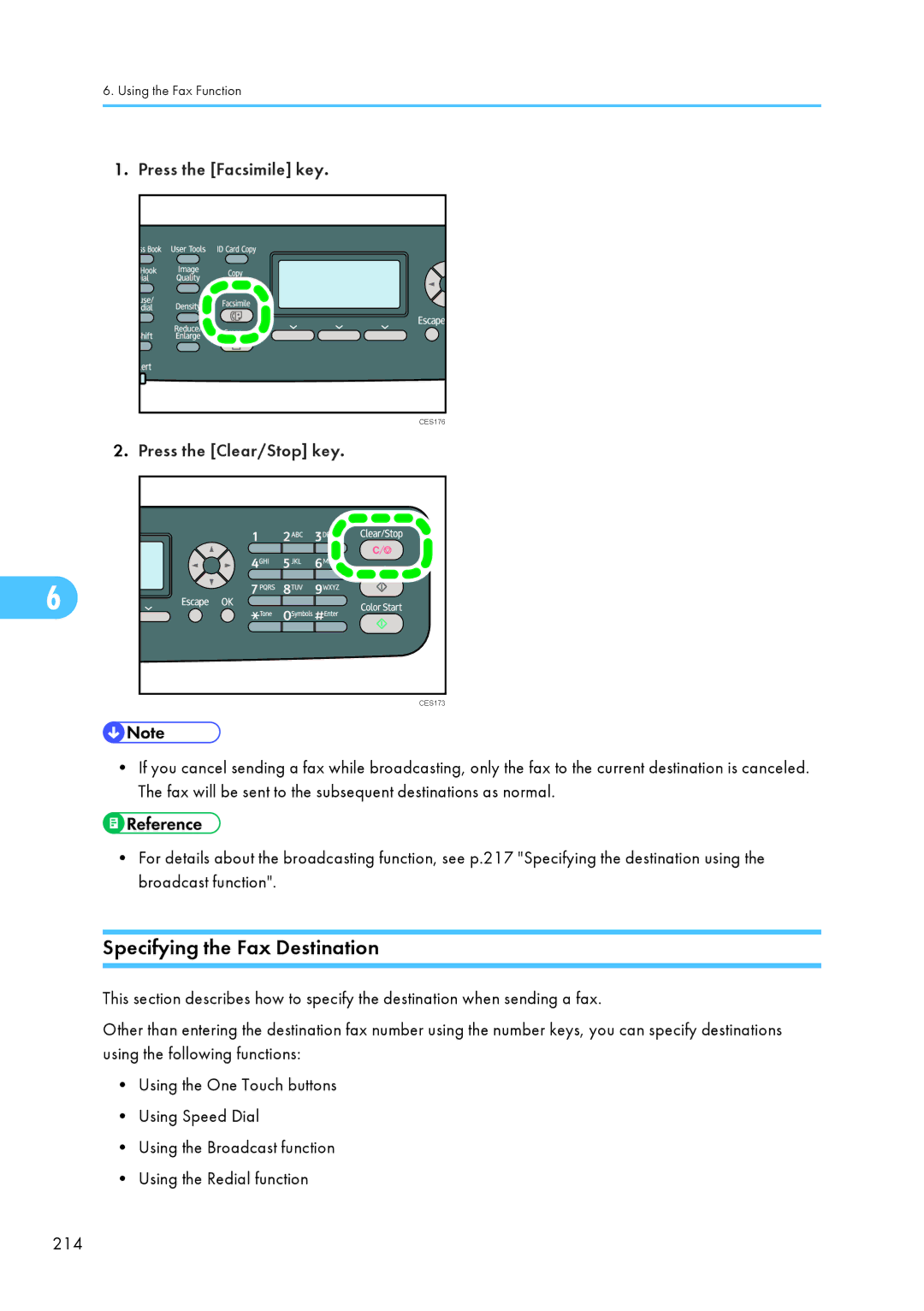 Ricoh C242SF, SP C240SF operating instructions Specifying the Fax Destination, Press the Facsimile key 