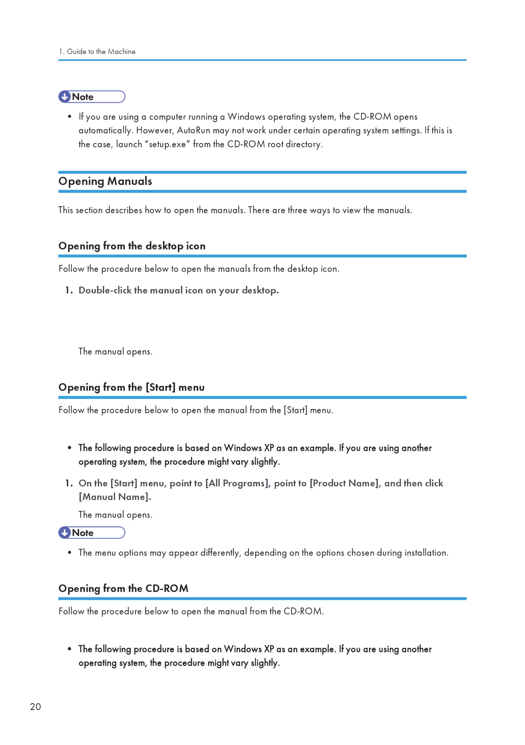 Ricoh C242SF Opening Manuals, Opening from the desktop icon, Opening from the Start menu, Opening from the CD-ROM 