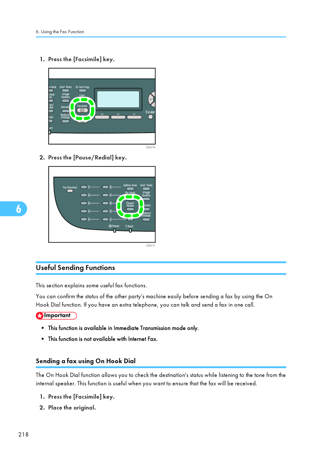 Ricoh C242SF, SP C240SF Useful Sending Functions, Sending a fax using On Hook Dial, Press the Pause/Redial key 