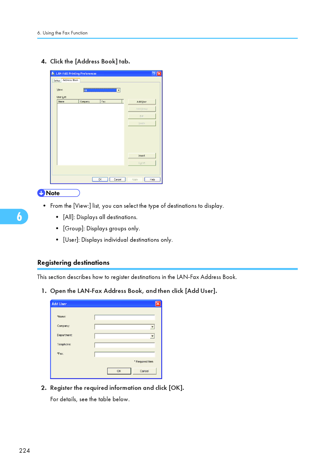 Ricoh C242SF, SP C240SF Registering destinations, Click the Address Book tab, All Displays all destinations, 224 