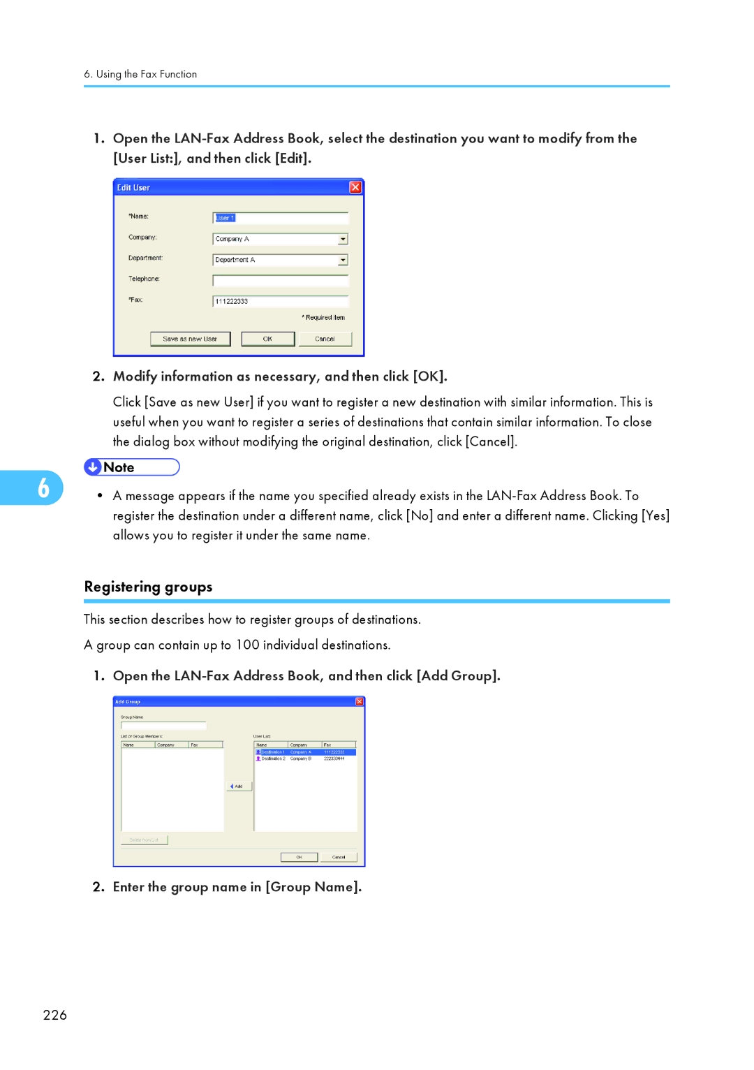 Ricoh C242SF, SP C240SF operating instructions Registering groups, Allows you to register it under the same name, 226 