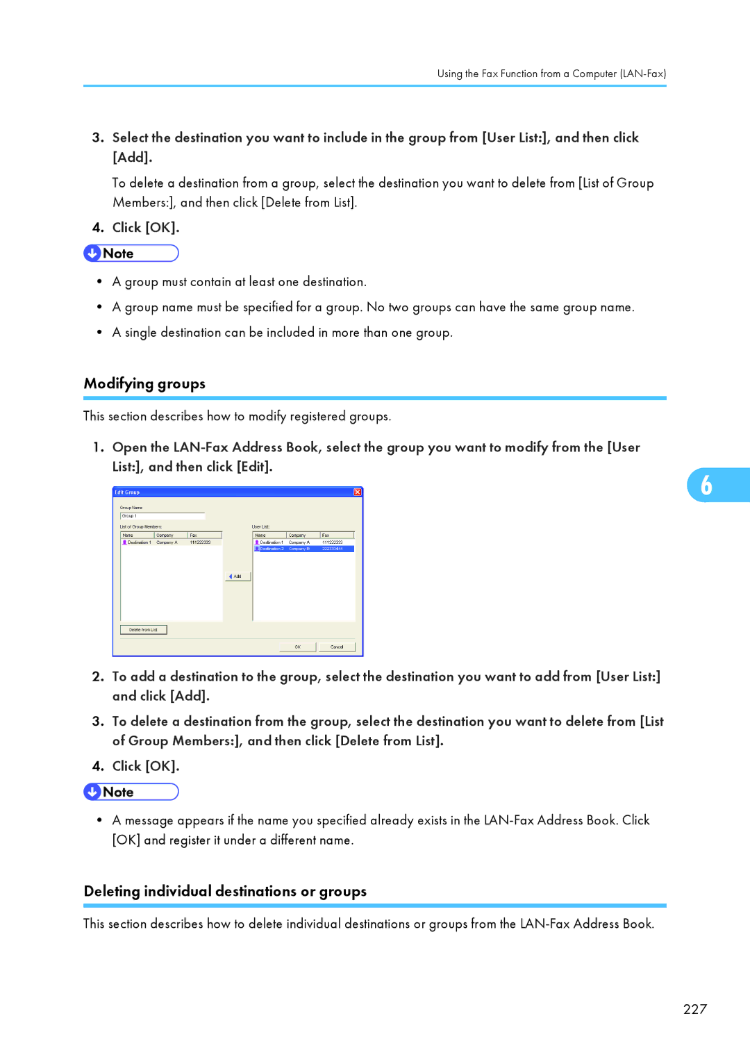 Ricoh SP C240SF, C242SF operating instructions Modifying groups, Deleting individual destinations or groups 