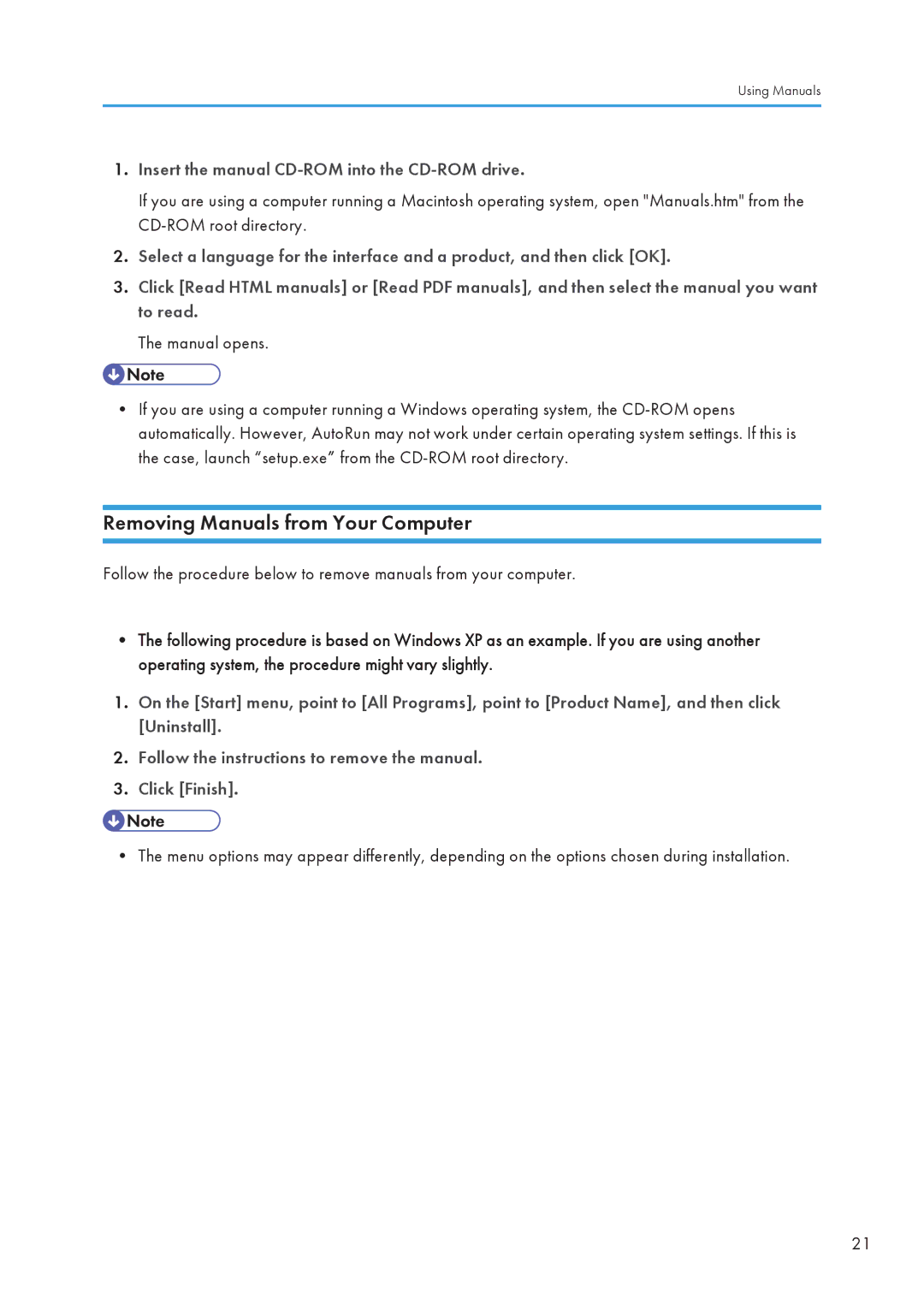 Ricoh SP C240SF, C242SF operating instructions Removing Manuals from Your Computer 