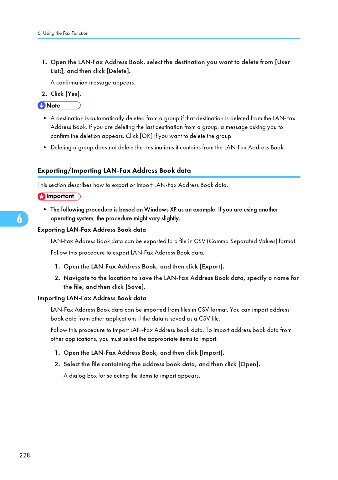 Ricoh C242SF, SP C240SF Exporting/Importing LAN-Fax Address Book data, Confirmation message appears, Click Yes, 228 