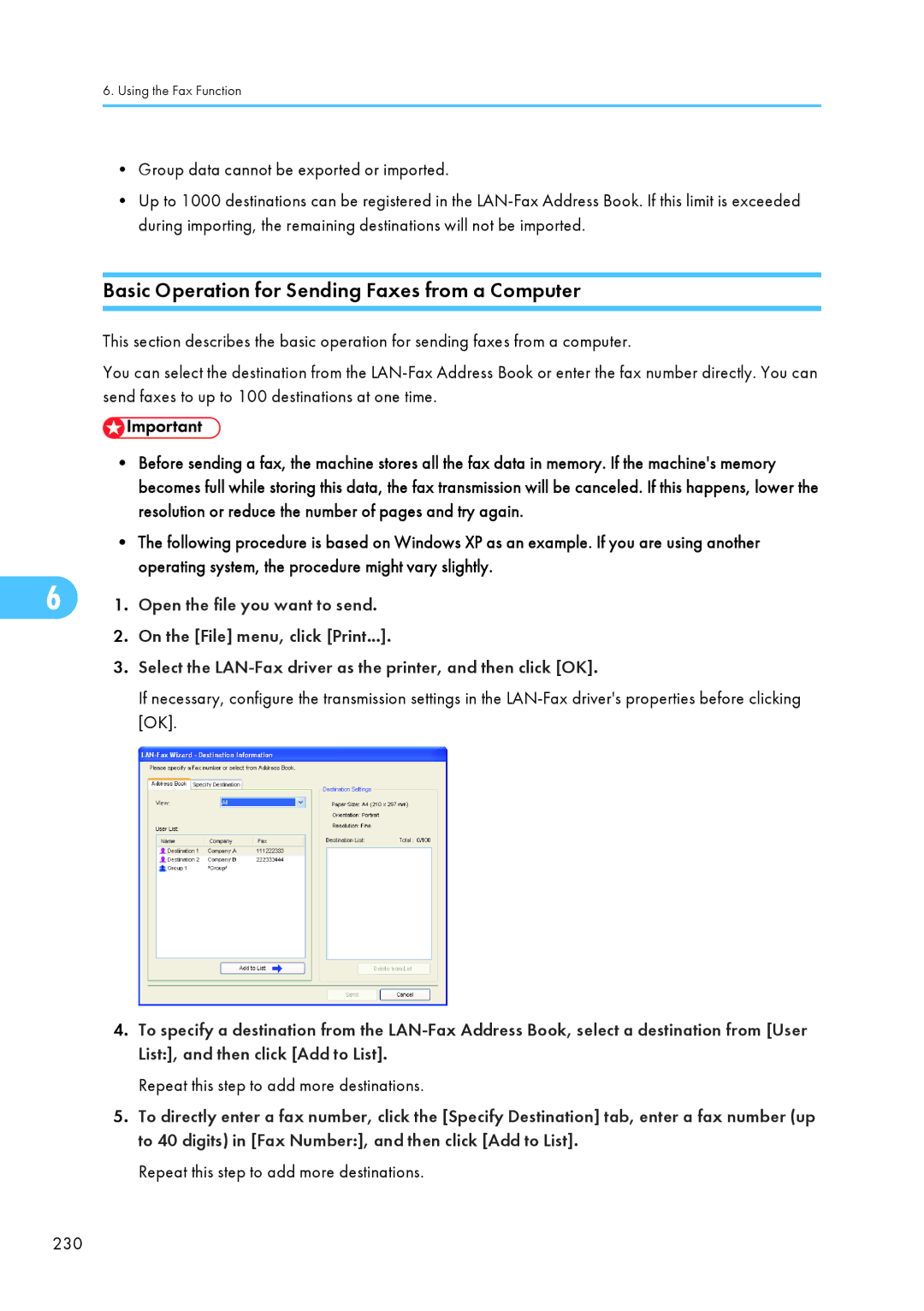 Ricoh C242SF, SP C240SF Basic Operation for Sending Faxes from a Computer, Repeat this step to add more destinations 