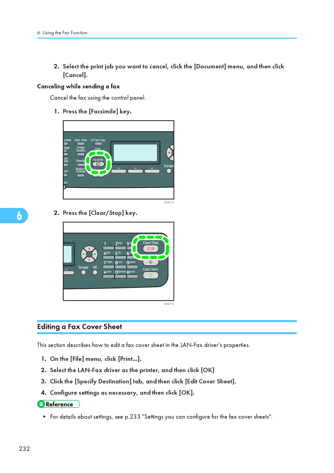 Ricoh C242SF, SP C240SF operating instructions Editing a Fax Cover Sheet, Press the Facsimile key 