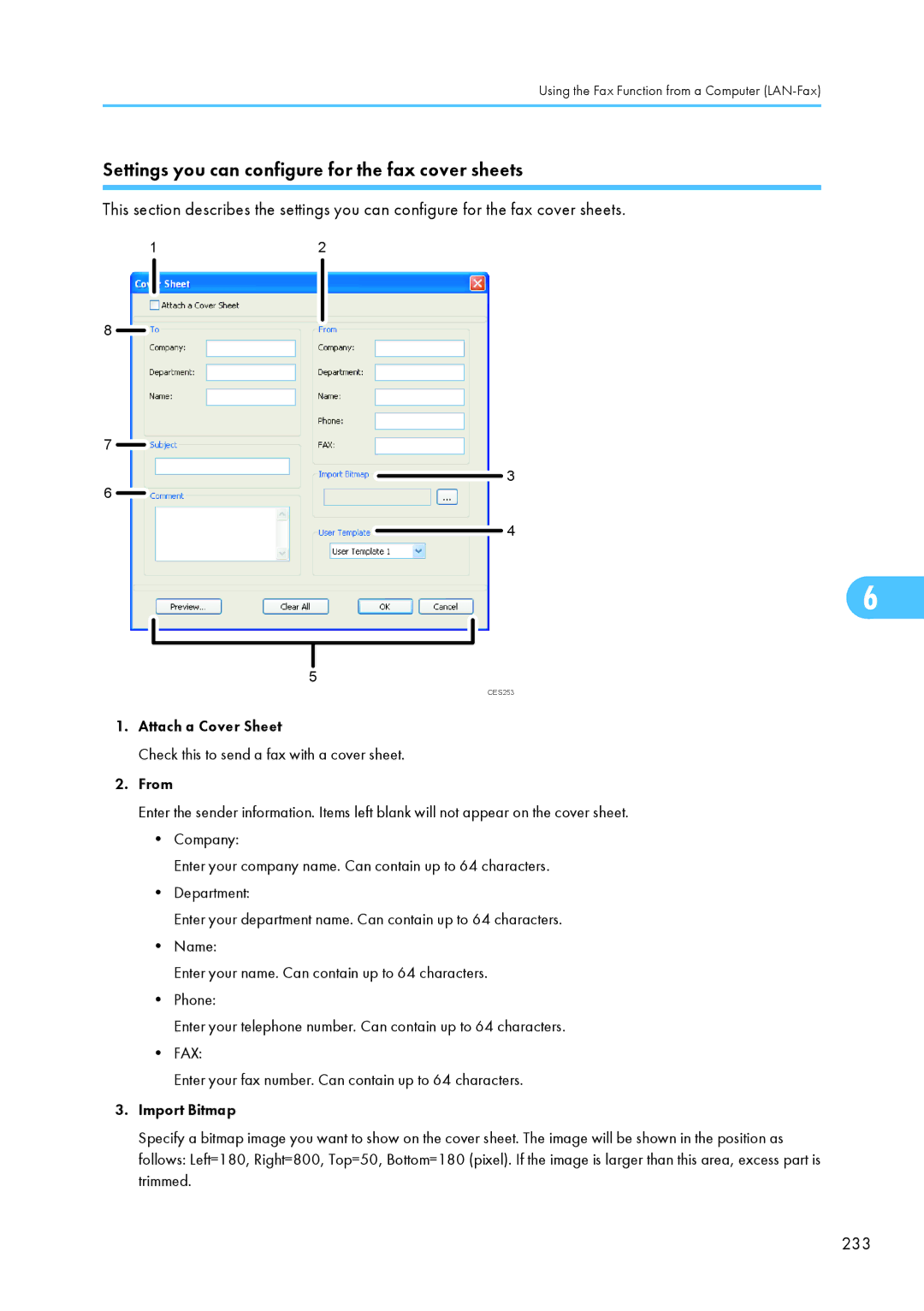 Ricoh SP C240SF, C242SF operating instructions Settings you can configure for the fax cover sheets, 233 