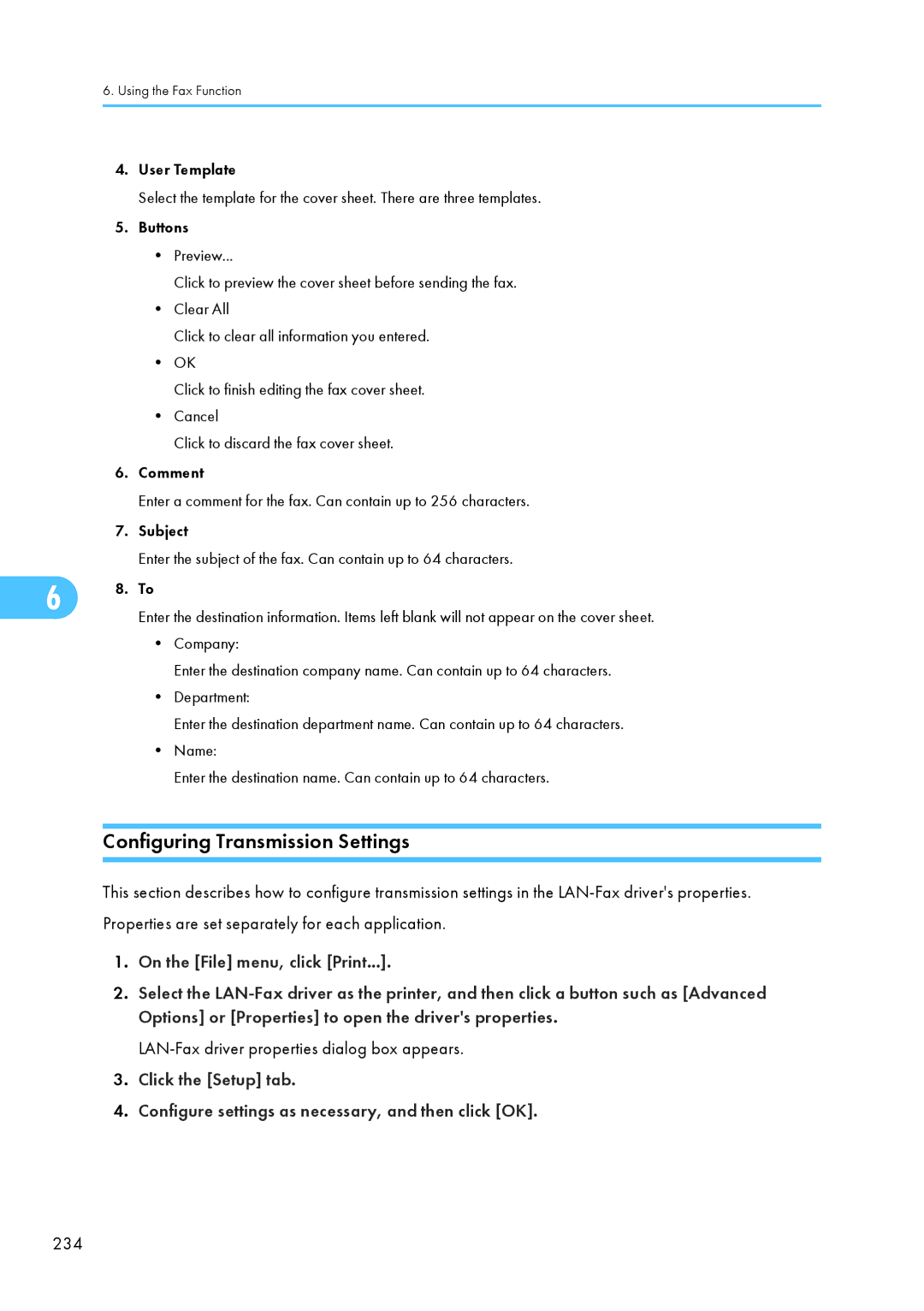 Ricoh C242SF, SP C240SF Configuring Transmission Settings, LAN-Fax driver properties dialog box appears 