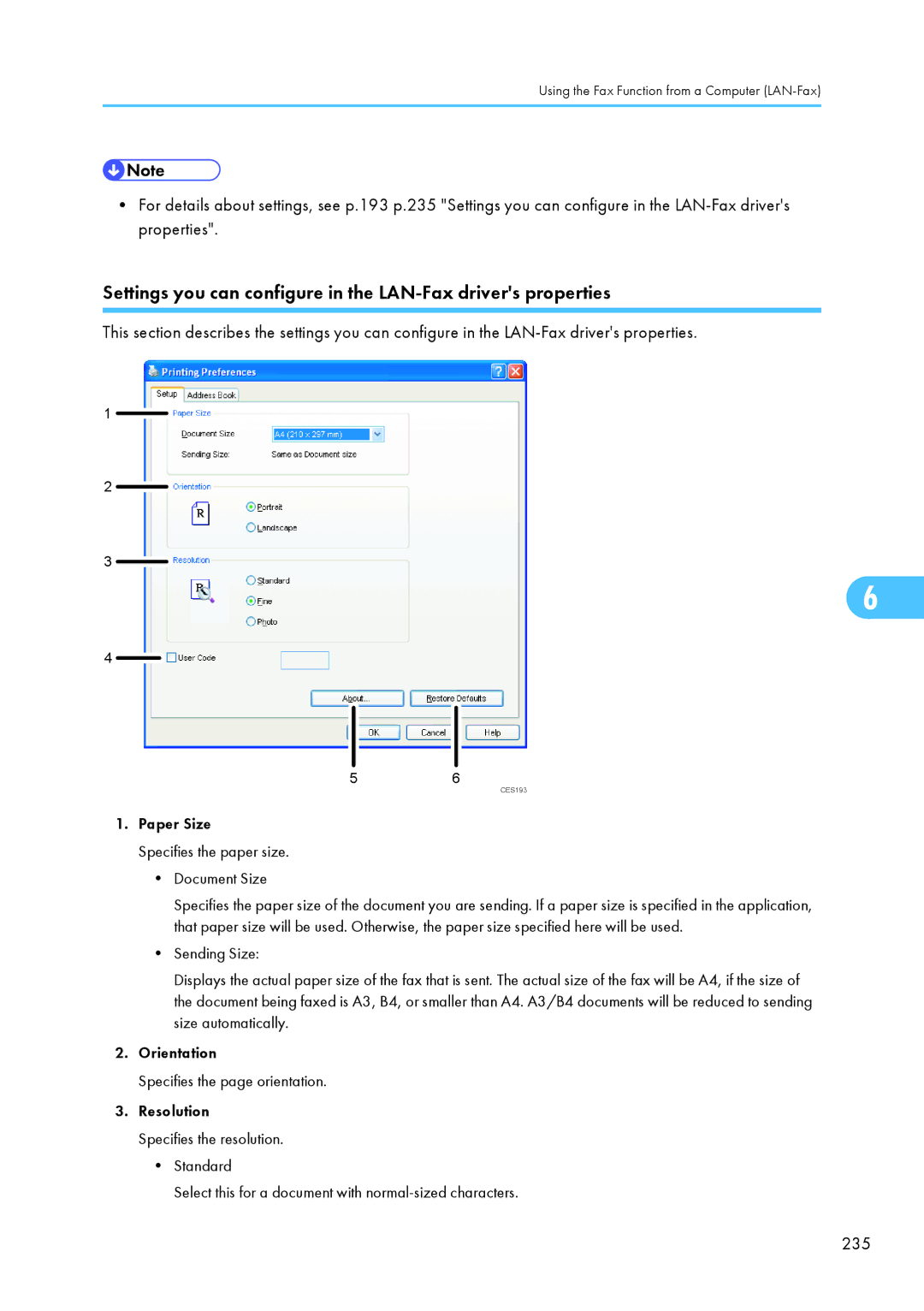 Ricoh SP C240SF, C242SF operating instructions Settings you can configure in the LAN-Fax drivers properties, 235 