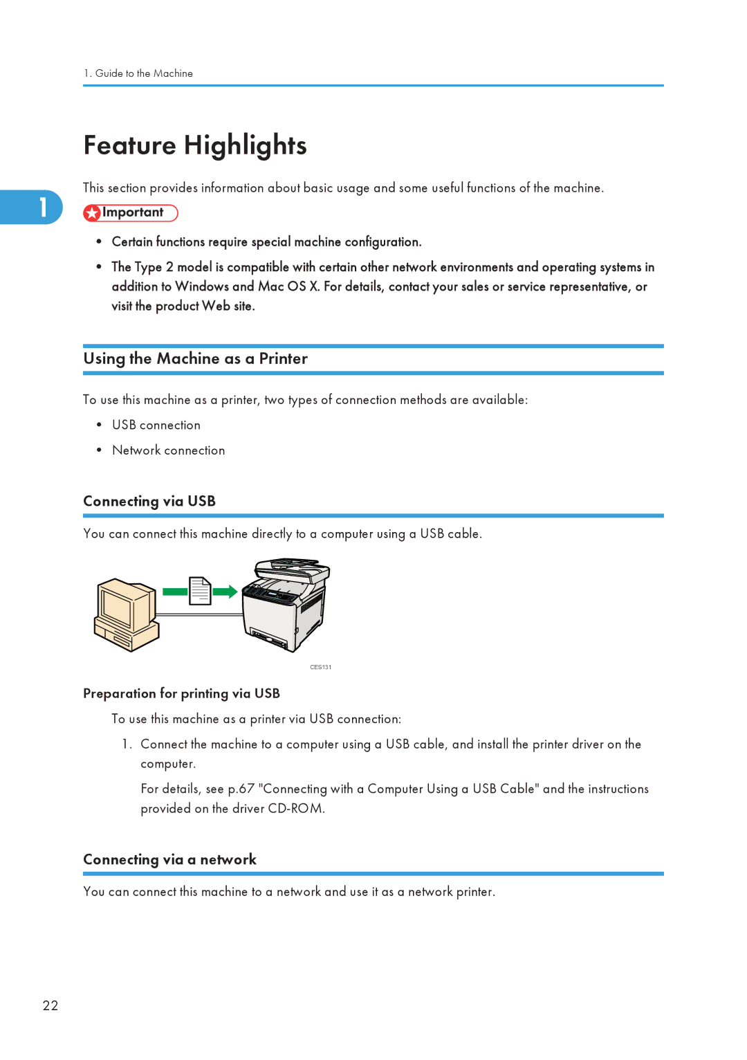 Ricoh C242SF, SP C240SF Feature Highlights, Using the Machine as a Printer, Connecting via USB, Connecting via a network 