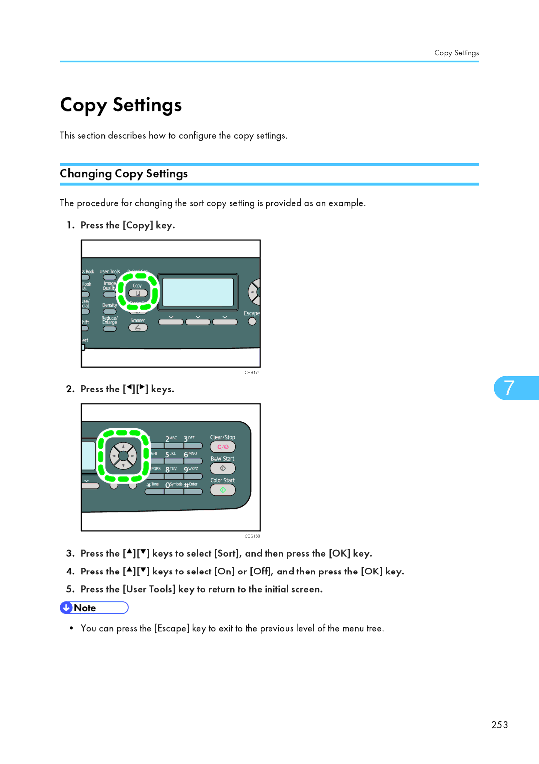 Ricoh SP C240SF, C242SF Changing Copy Settings, This section describes how to configure the copy settings 