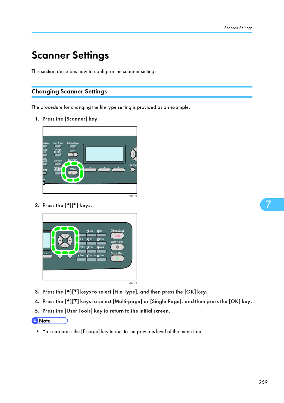 Ricoh SP C240SF, C242SF operating instructions Changing Scanner Settings 