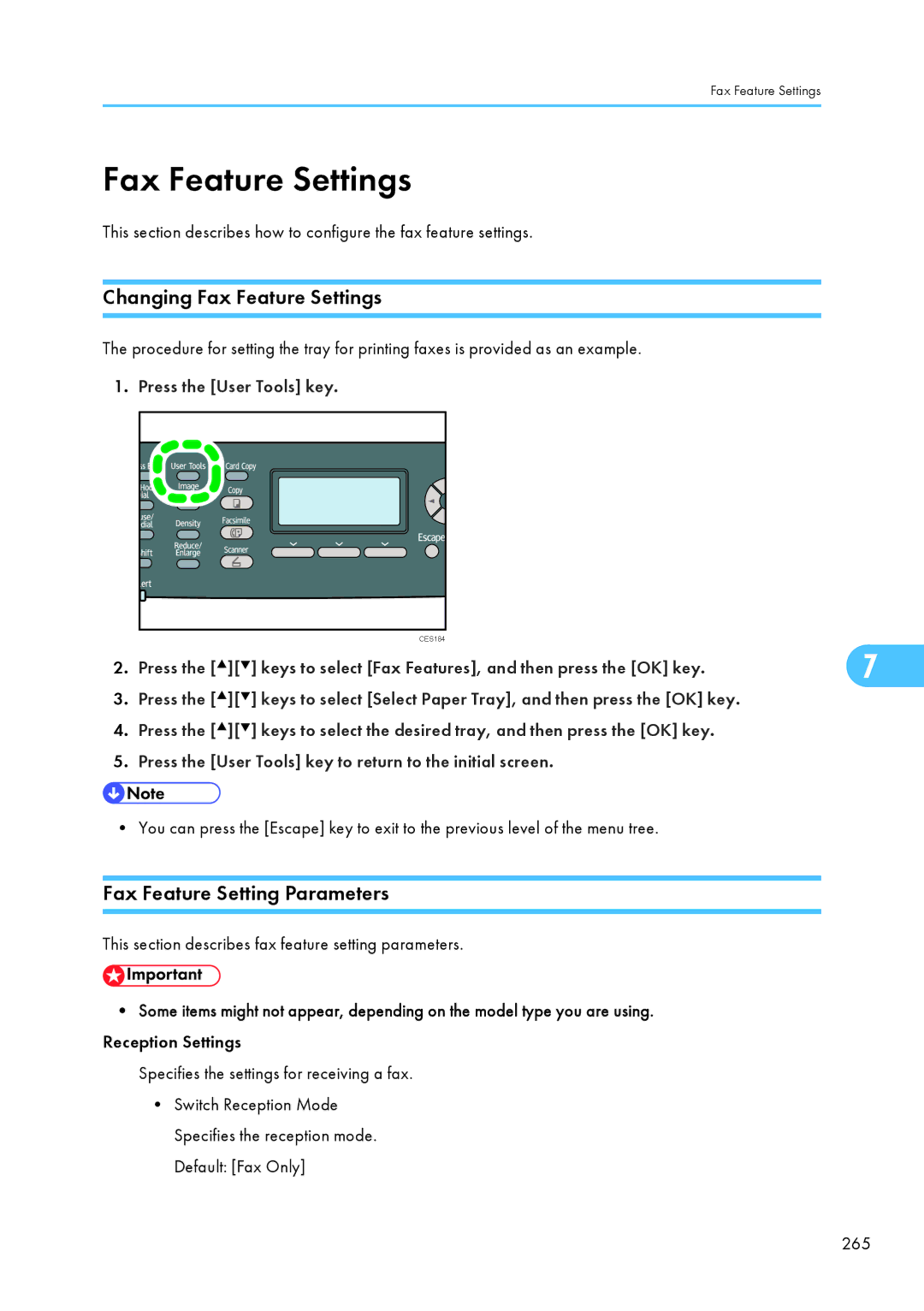 Ricoh SP C240SF, C242SF operating instructions Changing Fax Feature Settings, Fax Feature Setting Parameters 