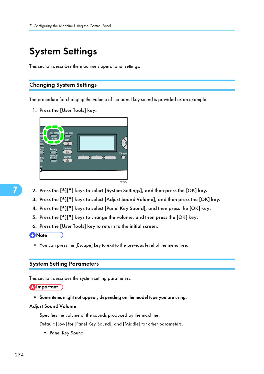 Ricoh C242SF Changing System Settings, System Setting Parameters, This section describes the system setting parameters 