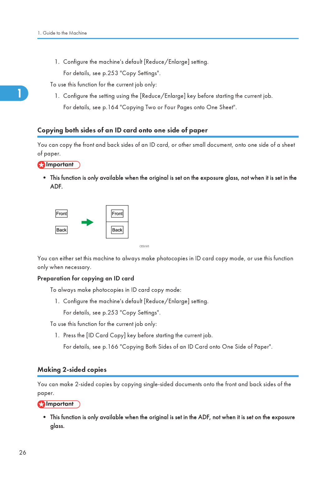 Ricoh C242SF, SP C240SF Copying both sides of an ID card onto one side of paper, Making 2-sided copies 