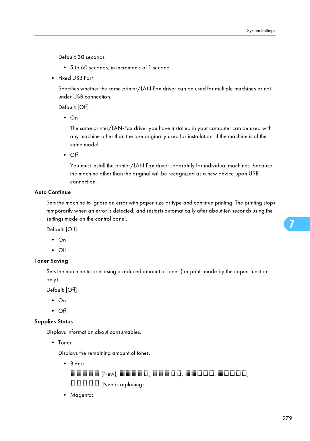 Ricoh SP C240SF, C242SF operating instructions Settings made on the control panel Default Off Toner Saving 