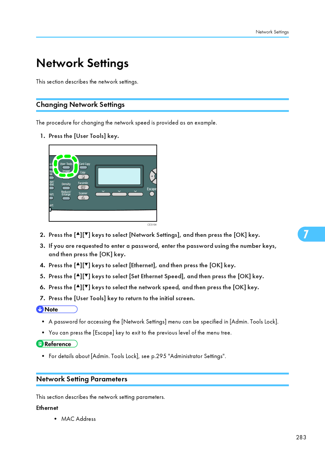 Ricoh SP C240SF Changing Network Settings, Network Setting Parameters, This section describes the network settings 