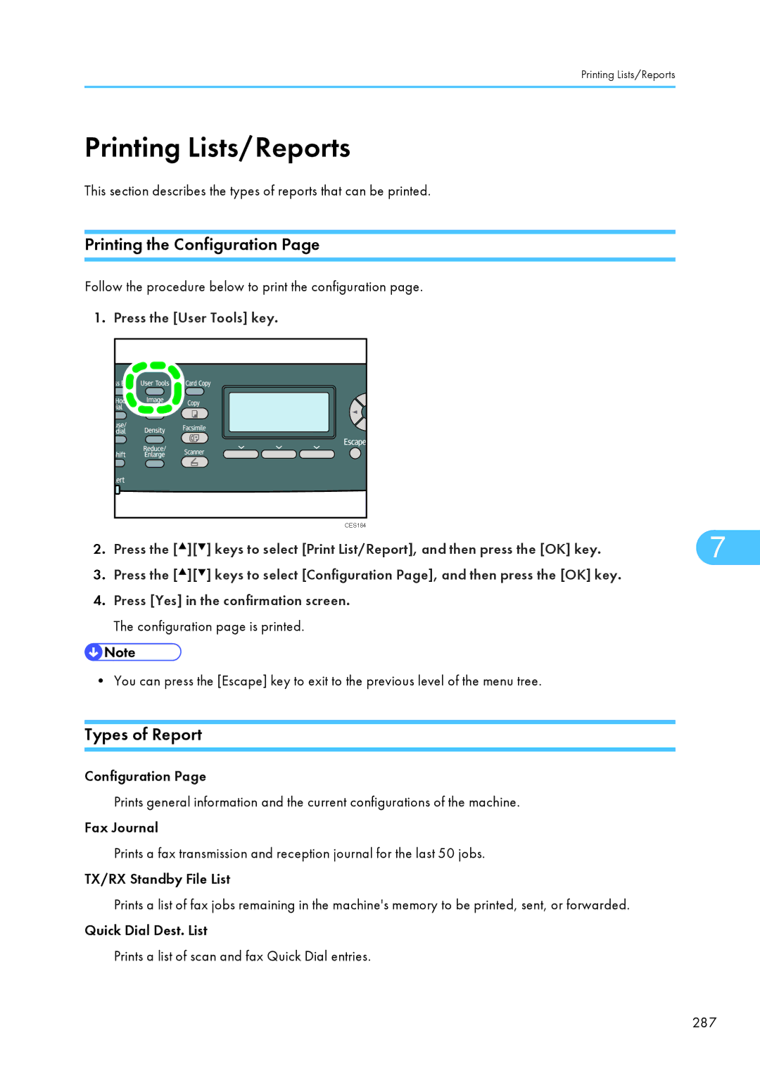 Ricoh SP C240SF, C242SF operating instructions Printing Lists/Reports, Printing the Configuration, Types of Report 