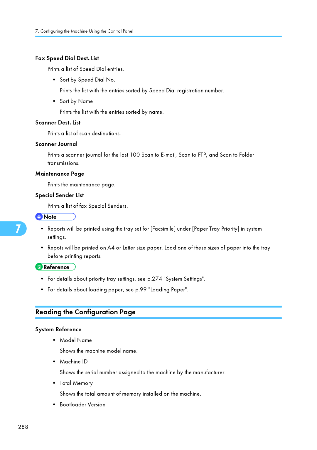 Ricoh C242SF, SP C240SF operating instructions Reading the Configuration, Settings 