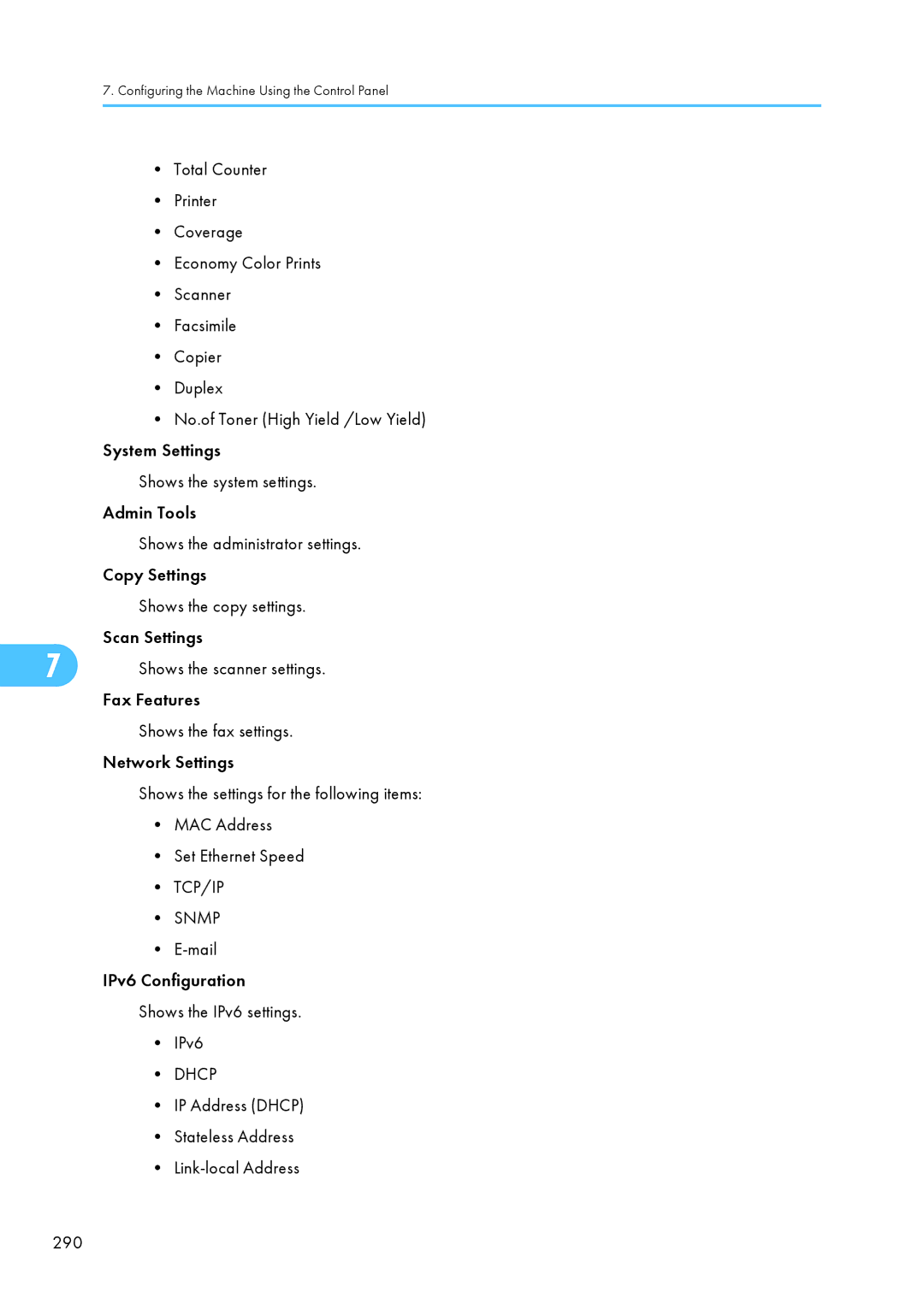 Ricoh C242SF Mail IPv6 Configuration Shows the IPv6 settings, IP Address Dhcp Stateless Address Link-local Address 290 