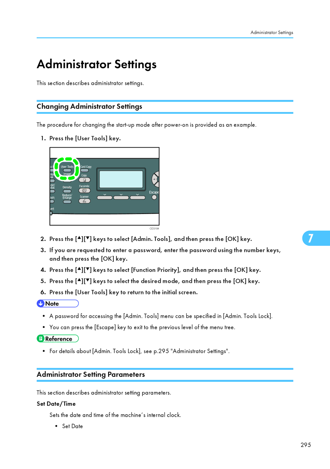 Ricoh SP C240SF, C242SF operating instructions Changing Administrator Settings, Administrator Setting Parameters 