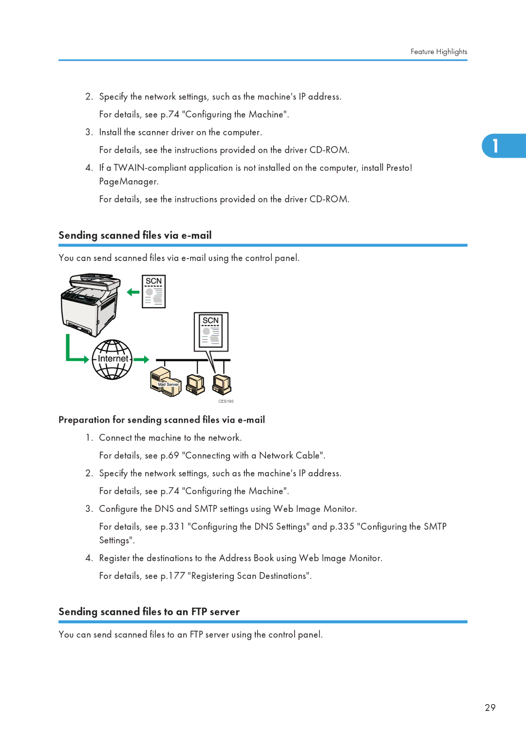 Ricoh SP C240SF, C242SF operating instructions Sending scanned files via e-mail, Sending scanned files to an FTP server 