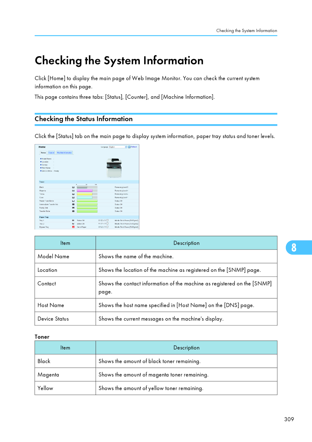 Ricoh SP C240SF, C242SF operating instructions Checking the System Information, Checking the Status Information, Contact 