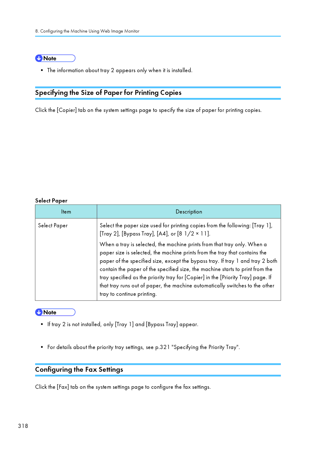 Ricoh C242SF Specifying the Size of Paper for Printing Copies, Configuring the Fax Settings, Tray to continue printing 