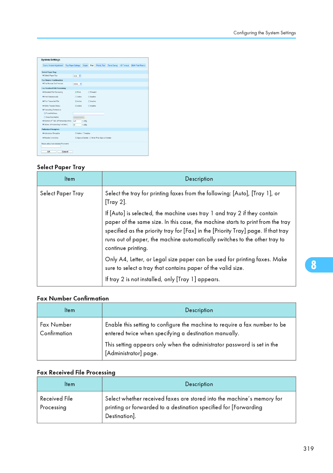 Ricoh SP C240SF Select Paper Tray Description, Continue printing, Administrator Fax Received File Processing Description 