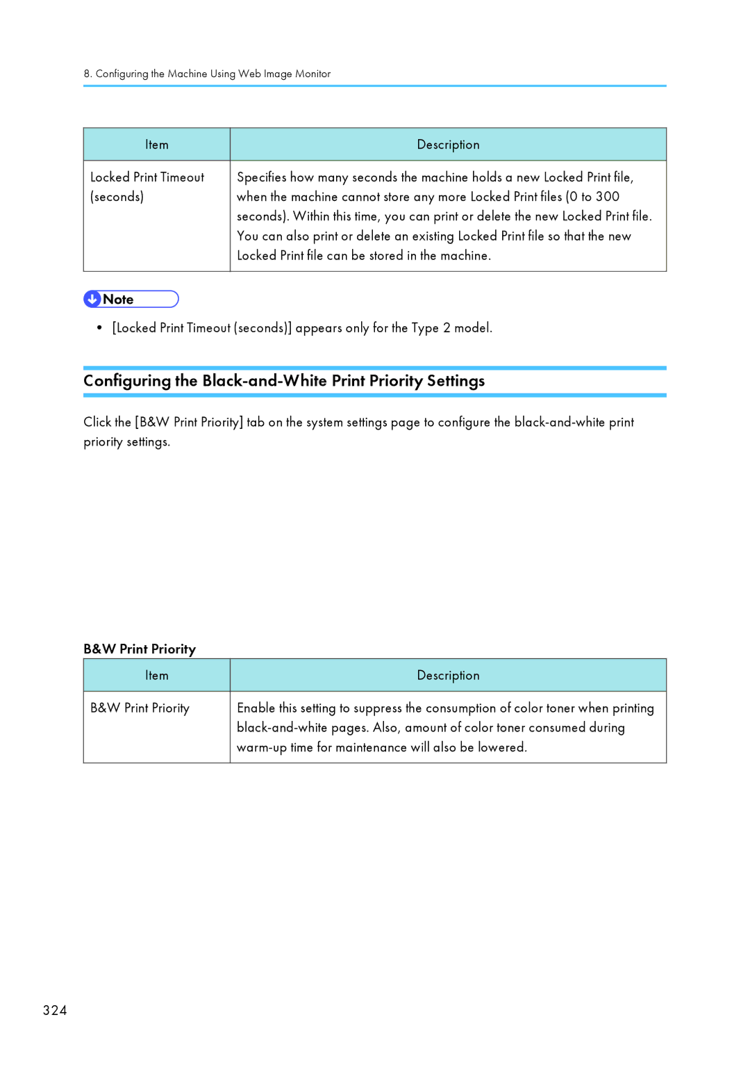 Ricoh C242SF, SP C240SF Configuring the Black-and-White Print Priority Settings, Locked Print Timeout, Seconds 