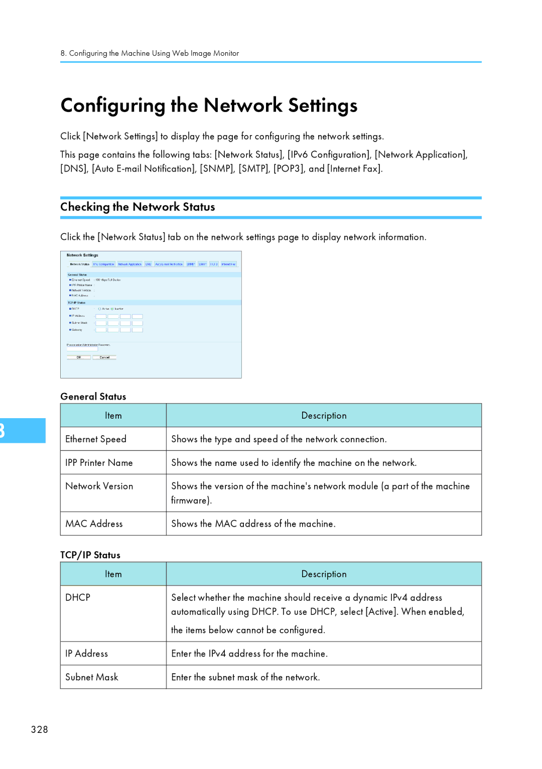 Ricoh C242SF Configuring the Network Settings, Checking the Network Status, Firmware, Items below cannot be configured 