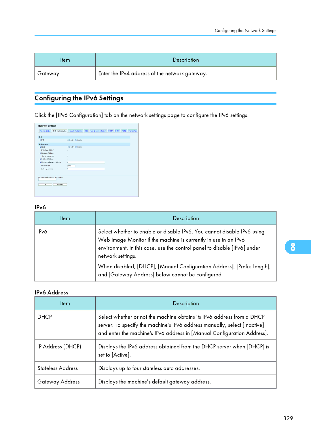 Ricoh SP C240SF Configuring the IPv6 Settings, Gateway Enter the IPv4 address of the network gateway, Network settings 