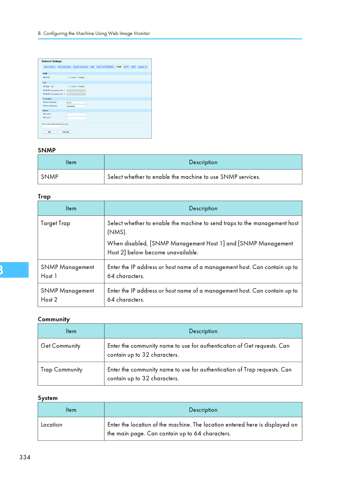 Ricoh C242SF Select whether to enable the machine to use Snmp services, Trap Description Target Trap, Nms, Snmp Management 