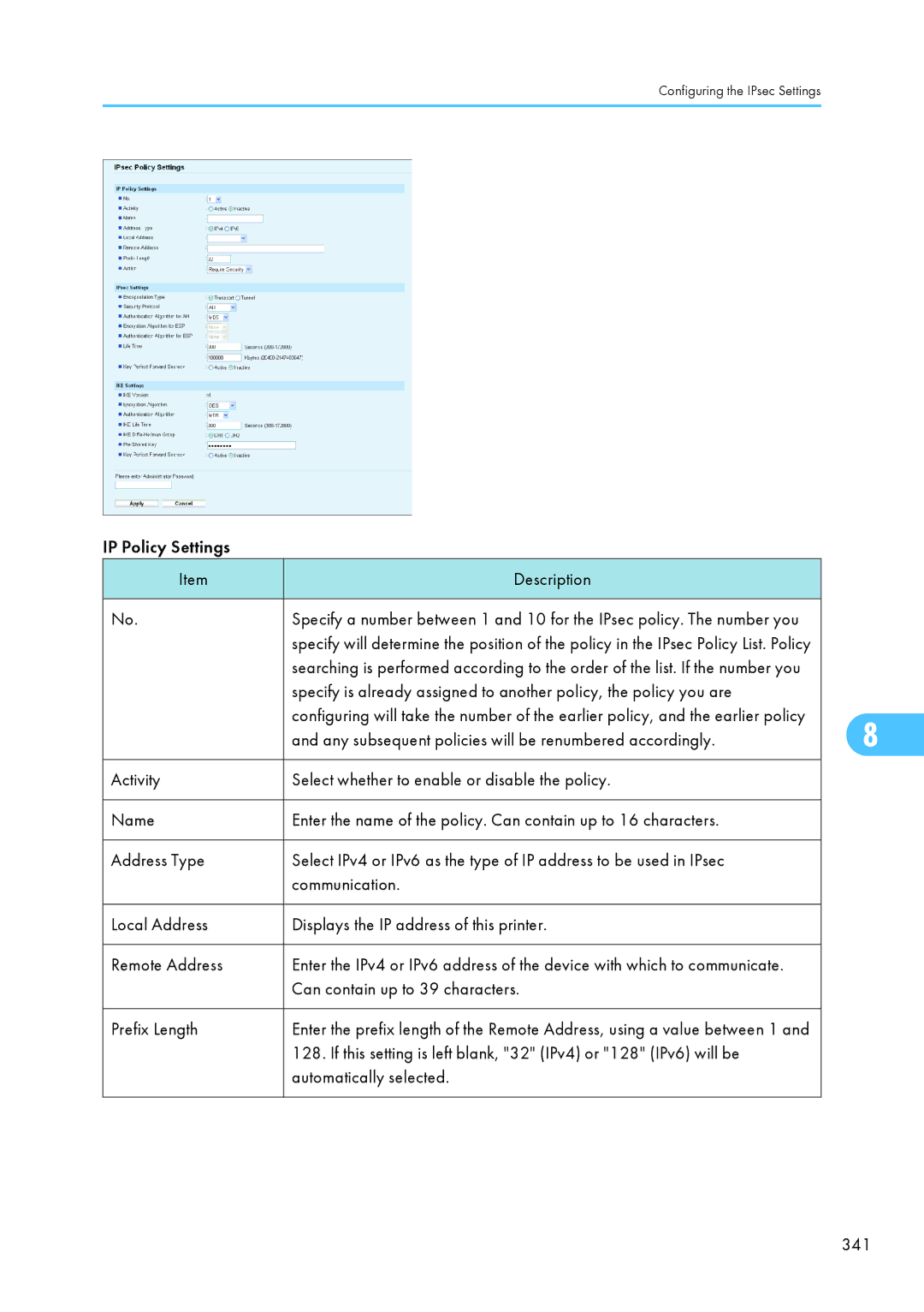 Ricoh SP C240SF, C242SF IP Policy Settings Description, Any subsequent policies will be renumbered accordingly 