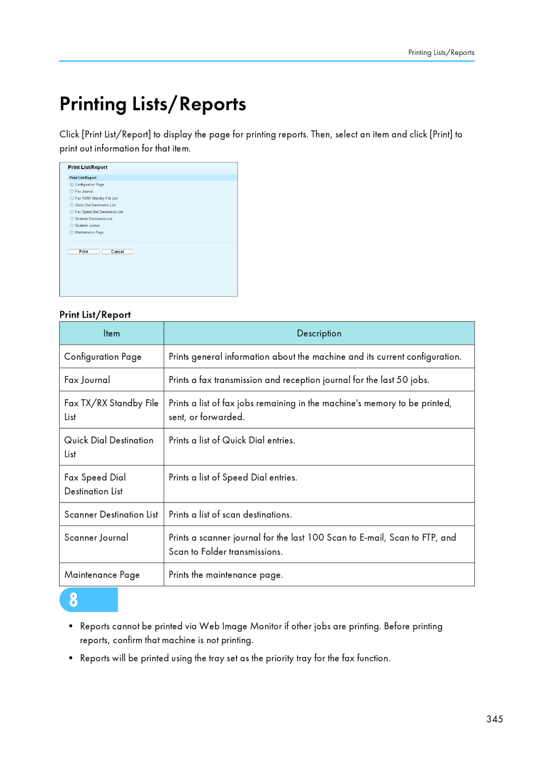 Ricoh SP C240SF, C242SF operating instructions List Sent, or forwarded, Prints a list of Quick Dial entries 