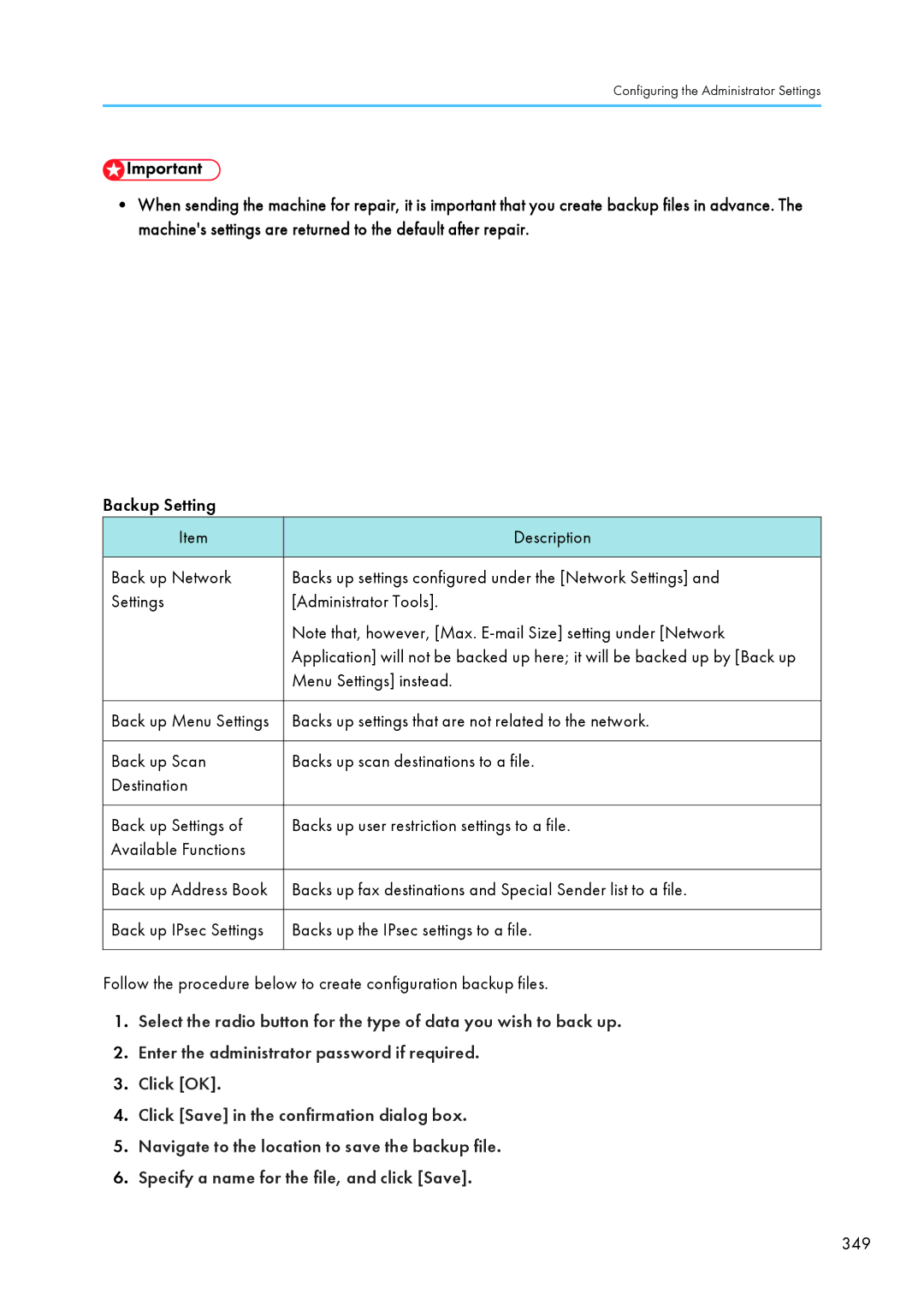 Ricoh SP C240SF, C242SF Menu Settings instead, Backs up fax destinations and Special Sender list to a file, 349 