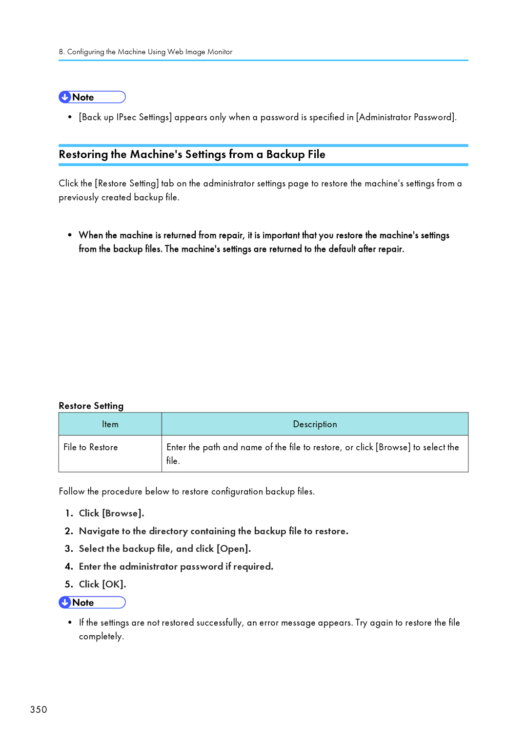 Ricoh C242SF, SP C240SF Restoring the Machines Settings from a Backup File, Restore Setting Description File to Restore 