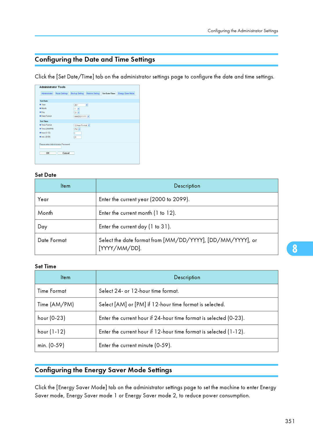 Ricoh SP C240SF, C242SF Configuring the Date and Time Settings, Configuring the Energy Saver Mode Settings 