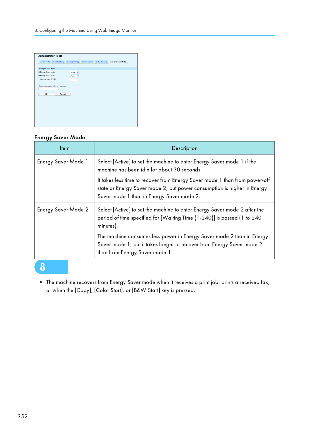 Ricoh C242SF Energy Saver Mode Description, Machine has been idle for about 30 seconds, Than from Energy Saver mode 