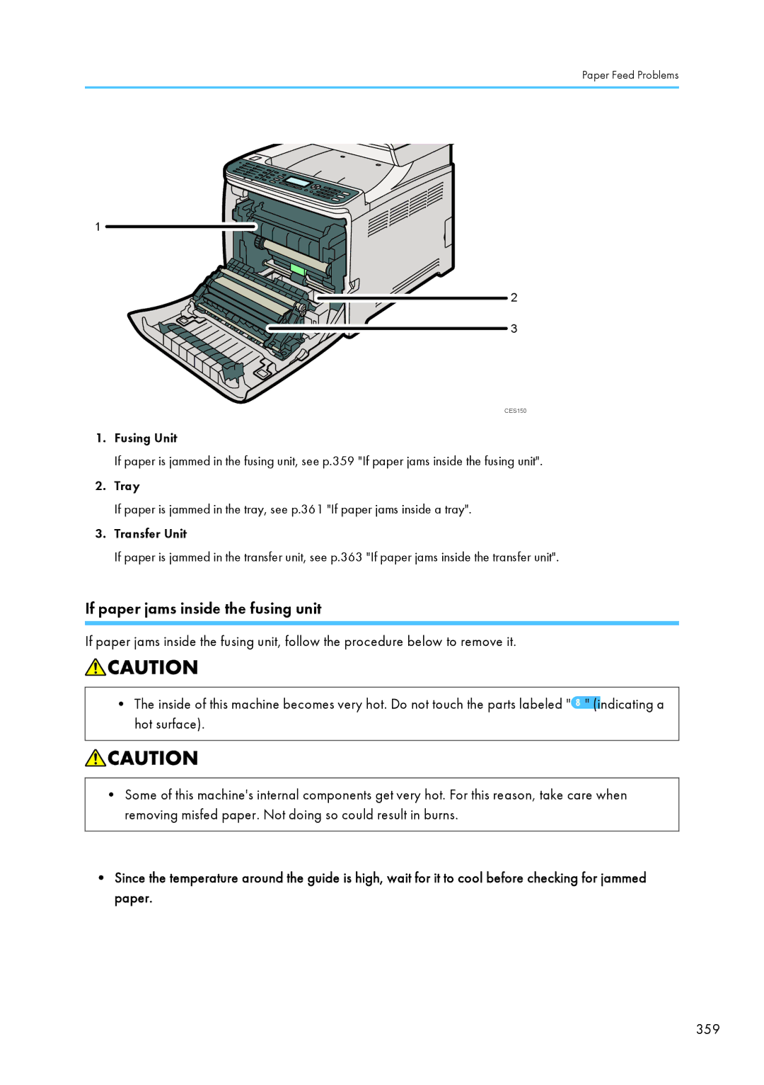 Ricoh SP C240SF, C242SF operating instructions If paper jams inside the fusing unit, 359 