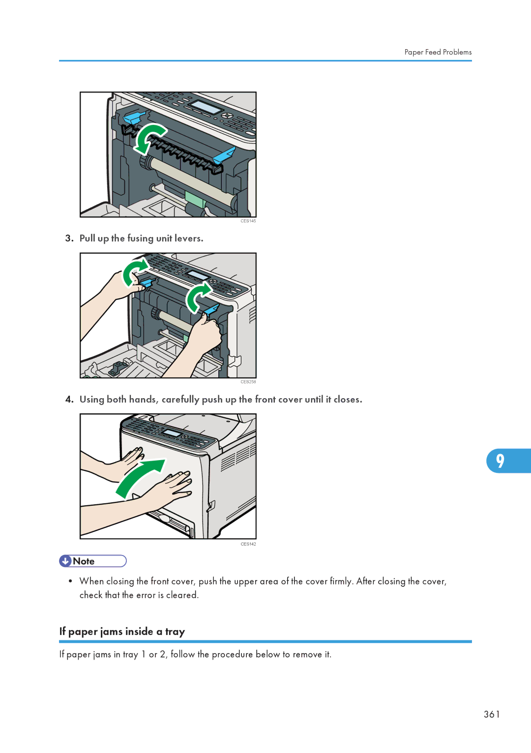 Ricoh SP C240SF, C242SF operating instructions If paper jams inside a tray, Pull up the fusing unit levers 