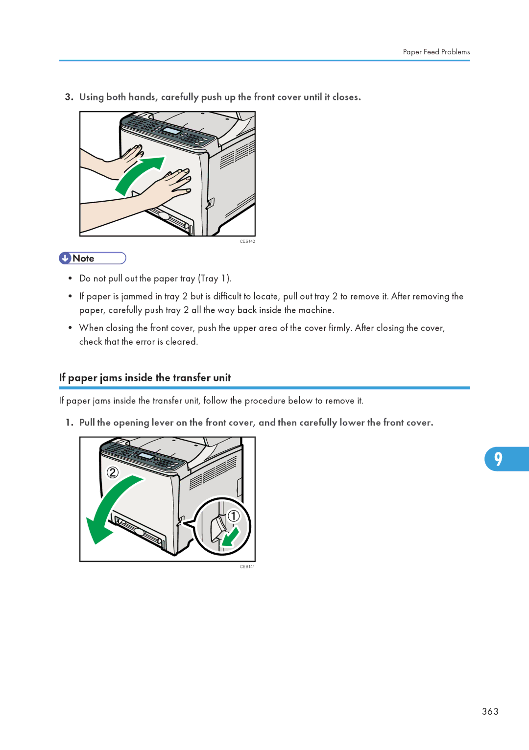 Ricoh SP C240SF, C242SF operating instructions If paper jams inside the transfer unit, 363 