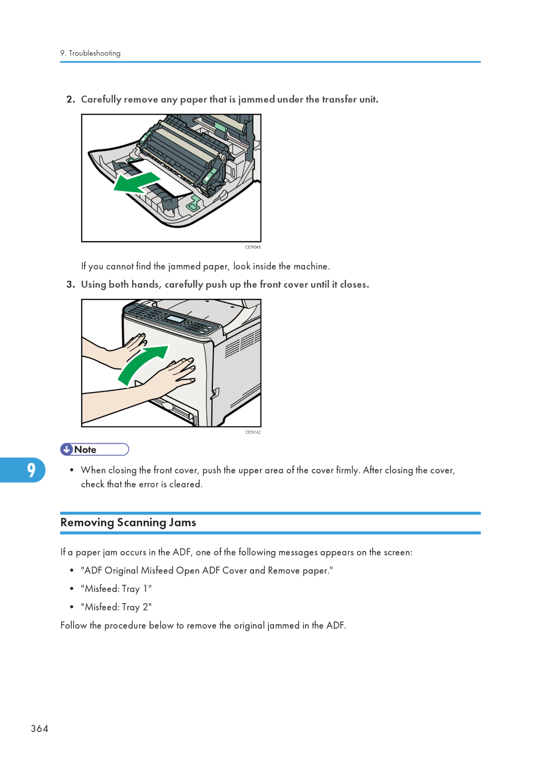 Ricoh C242SF, SP C240SF operating instructions Removing Scanning Jams, Check that the error is cleared 